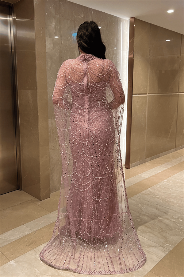 Full Boncuklu Kumaş Pelerin Detaylı Abiye Elbise - PUDRA