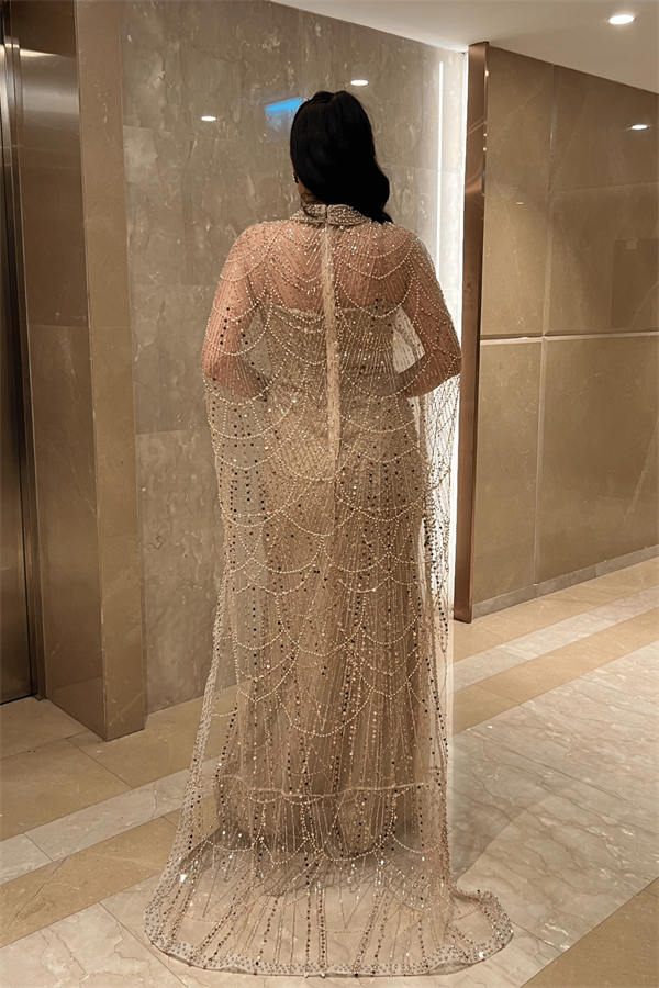 Full Boncuklu Kumaş Pelerin Detaylı Abiye Elbise - GOLD