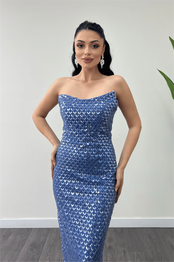 Full Boncuklu Kumaş Straplez Abiye Elbise - İNDİGO MAVİ