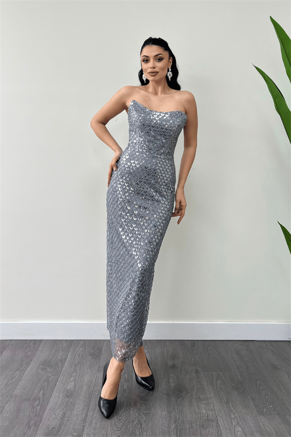 Full Boncuklu Kumaş Straplez Abiye Elbise - GRİ