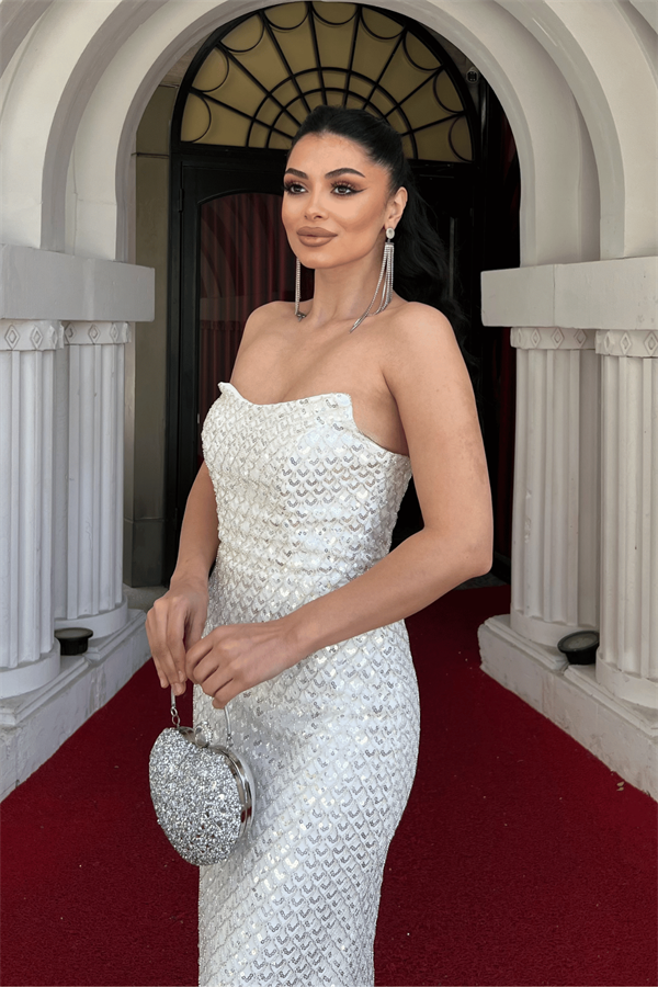 Full Boncuklu Kumaş Straplez Abiye Elbise - BEYAZ