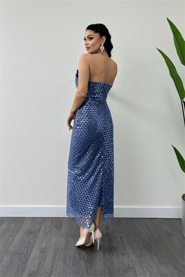 Full Boncuklu Kumaş Straplez Abiye Elbise - İNDİGO MAVİ