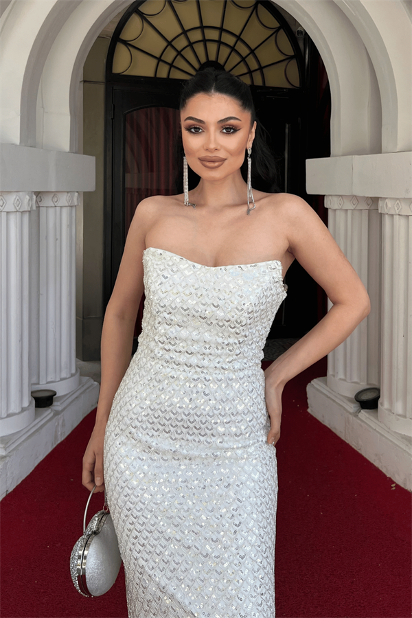 Full Boncuklu Kumaş Straplez Abiye Elbise - BEYAZ