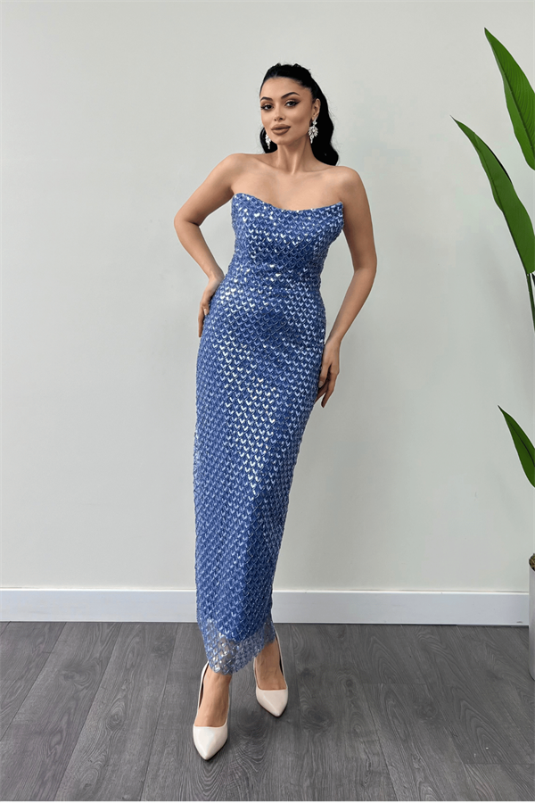 Full Boncuklu Kumaş Straplez Abiye Elbise - İNDİGO MAVİ