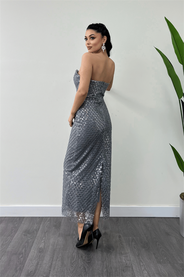 Full Boncuklu Kumaş Straplez Abiye Elbise - GRİ