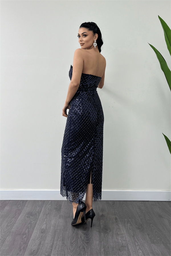 Full Boncuklu Kumaş Straplez Abiye Elbise - LACİVERT