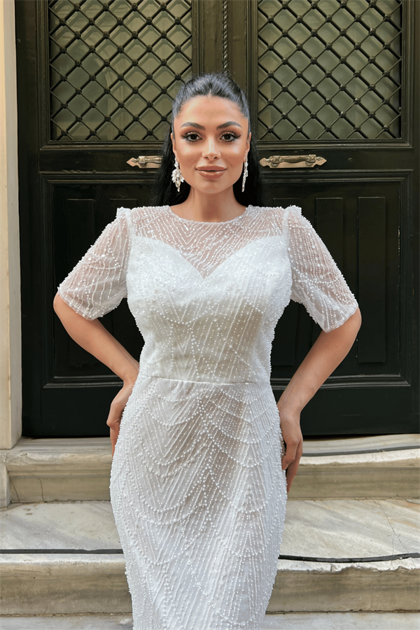 Full Boncuklu Kumaş Tasarım Elbise - BEYAZ