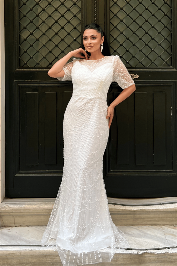 Full Boncuklu Kumaş Tasarım Elbise - BEYAZ