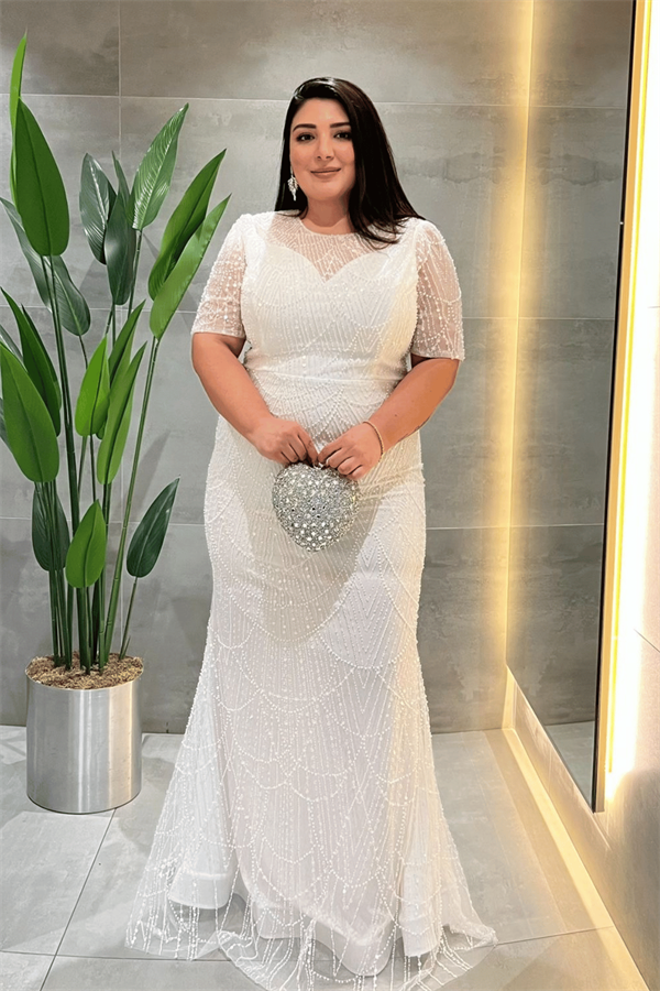 Full Boncuklu Kumaş Tasarım Elbise - BEYAZ