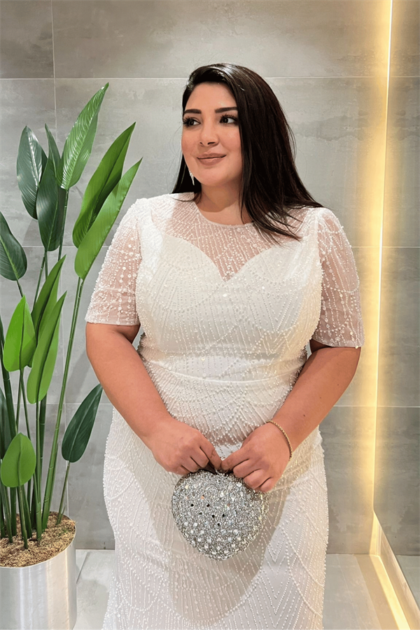 Full Boncuklu Kumaş Tasarım Elbise - BEYAZ