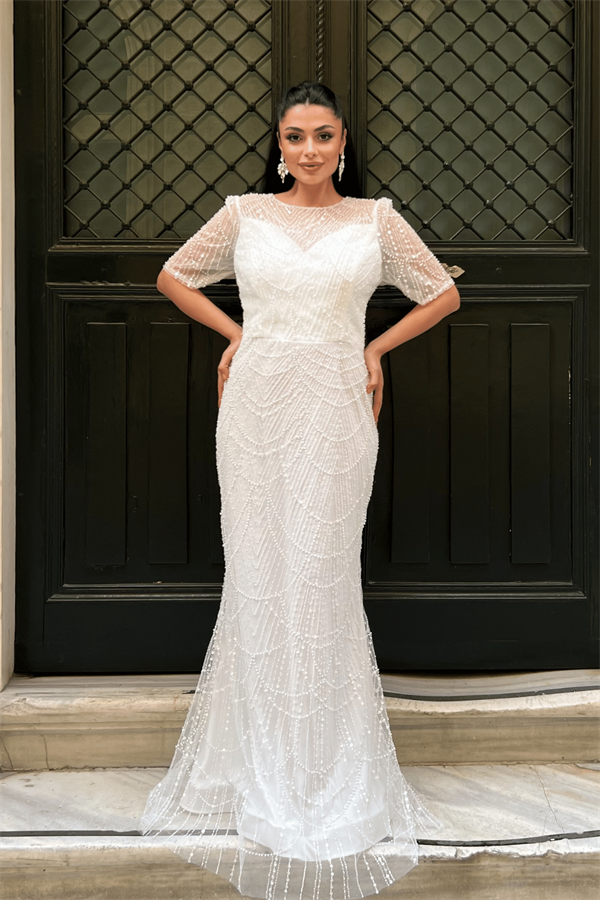 Full Boncuklu Kumaş Tasarım Elbise - BEYAZ