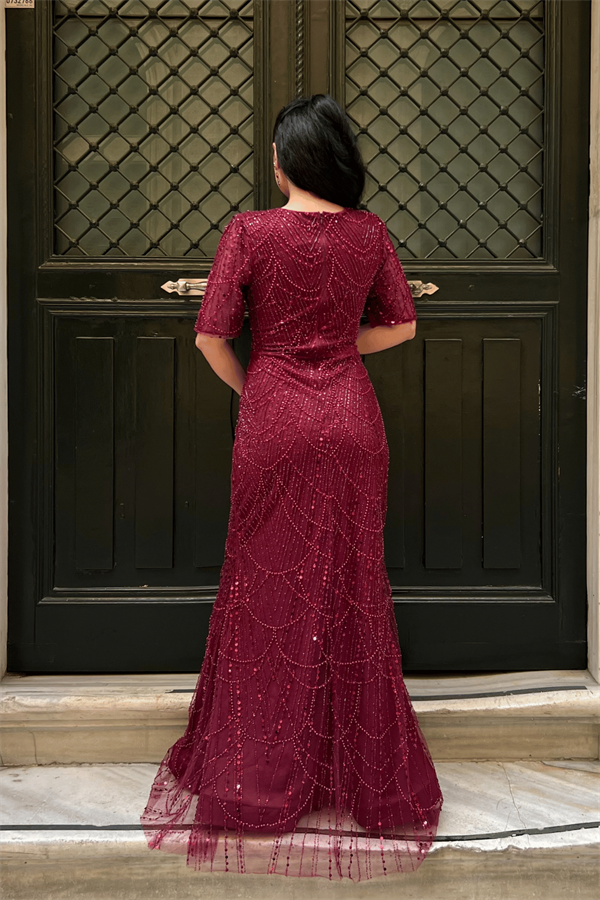 Full Boncuklu Kumaş Tasarım Elbise - BORDO