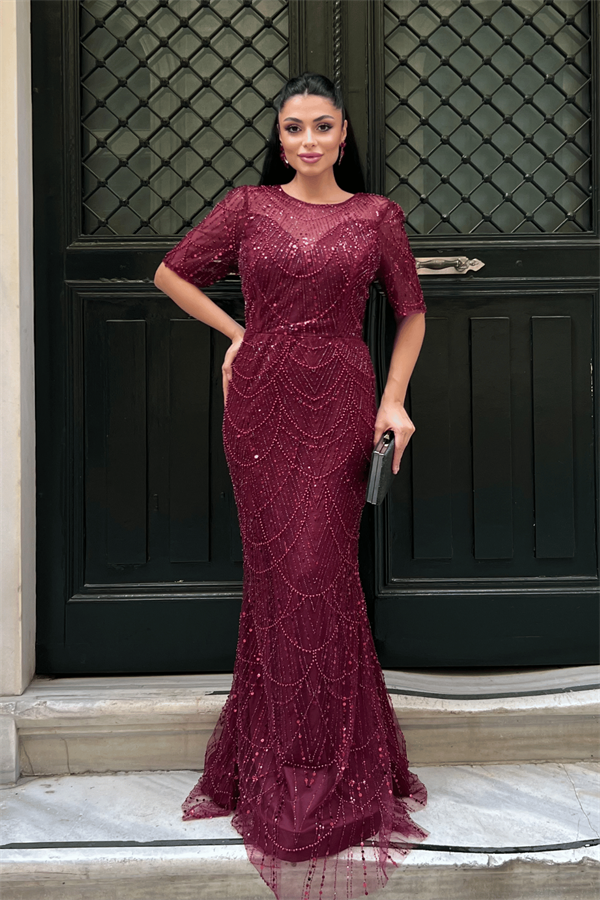 Full Boncuklu Kumaş Tasarım Elbise - BORDO