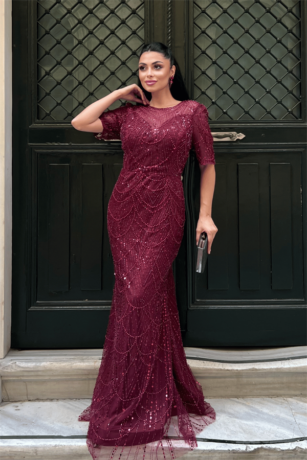 Full Boncuklu Kumaş Tasarım Elbise - BORDO