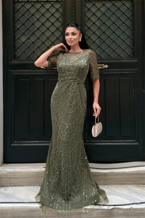 Full Boncuklu Kumaş Tasarım Elbise - HAKİ YEŞİLİ