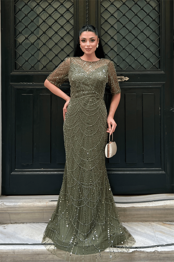 Full Boncuklu Kumaş Tasarım Elbise - HAKİ YEŞİLİ