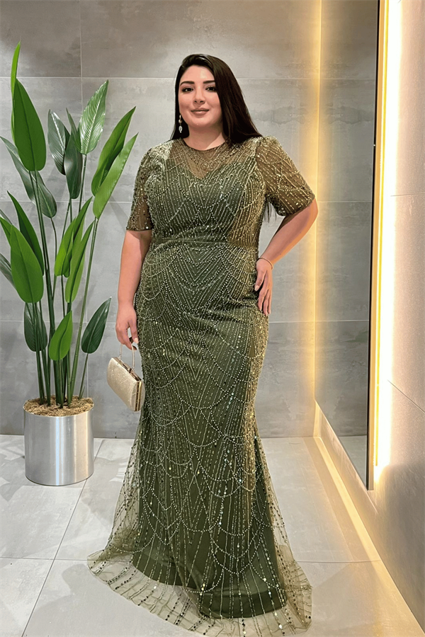 Full Boncuklu Kumaş Tasarım Elbise - HAKİ YEŞİLİ