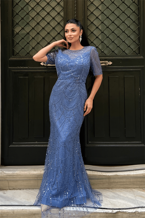 Full Boncuklu Kumaş Tasarım Elbise - İNDİGO MAVİ