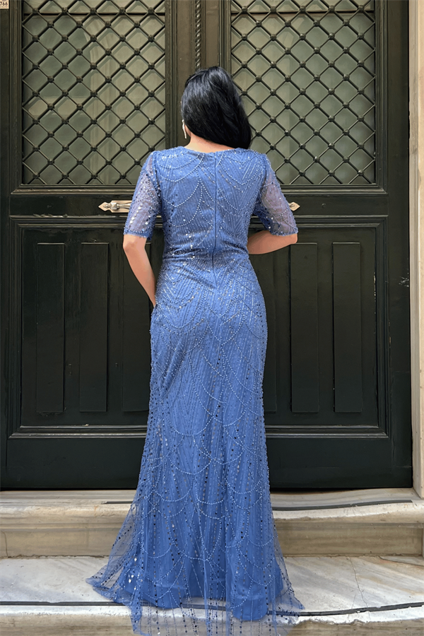 Full Boncuklu Kumaş Tasarım Elbise - İNDİGO MAVİ