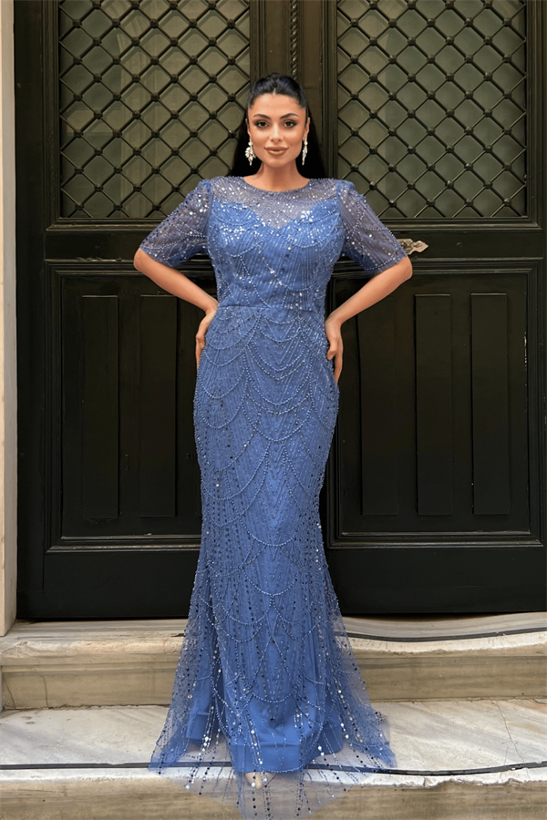 Full Boncuklu Kumaş Tasarım Elbise - İNDİGO MAVİ