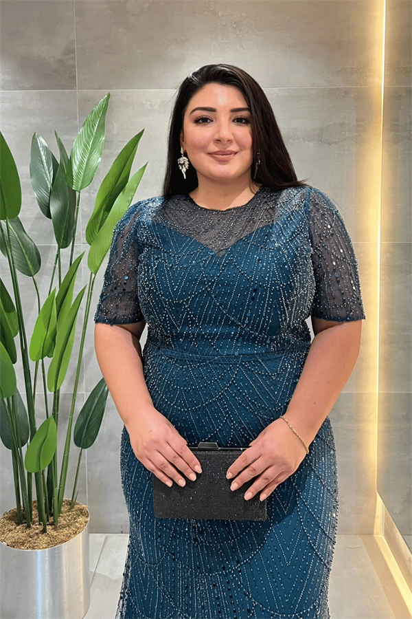 Full Boncuklu Kumaş Tasarım Elbise - TURKUAZ