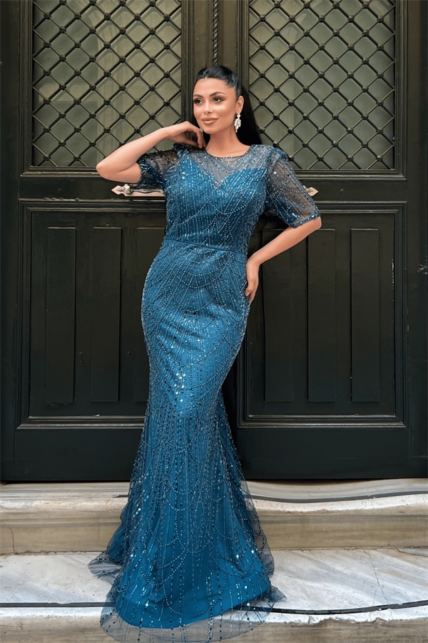 Full Boncuklu Kumaş Tasarım Elbise - TURKUAZ