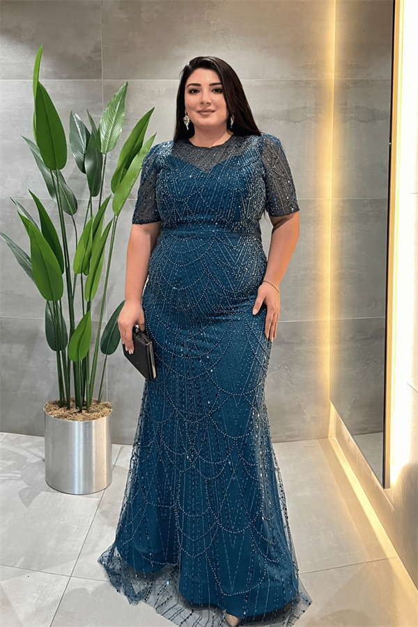 Full Boncuklu Kumaş Tasarım Elbise - TURKUAZ
