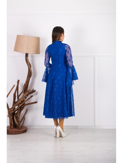 Full Lace Sleeve Bulge Dress - Sax Blue