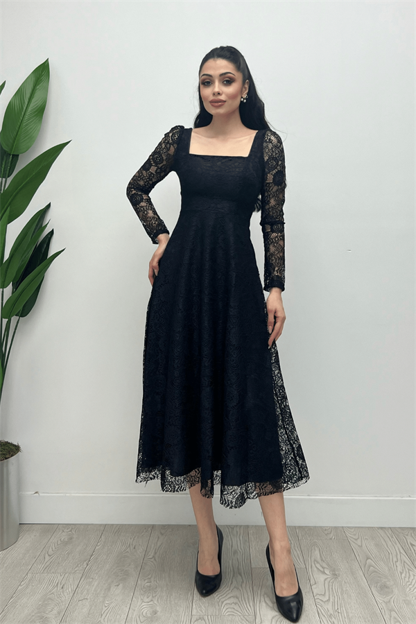 Full Lace Fabric Square Neck Midi Evening Dress - BLACK