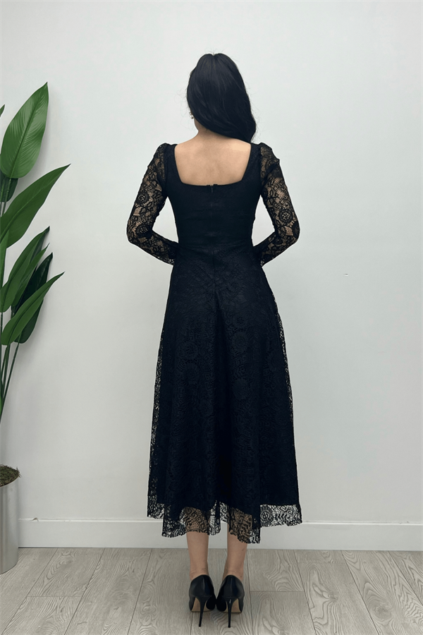 Full Lace Fabric Square Neck Midi Evening Dress - BLACK