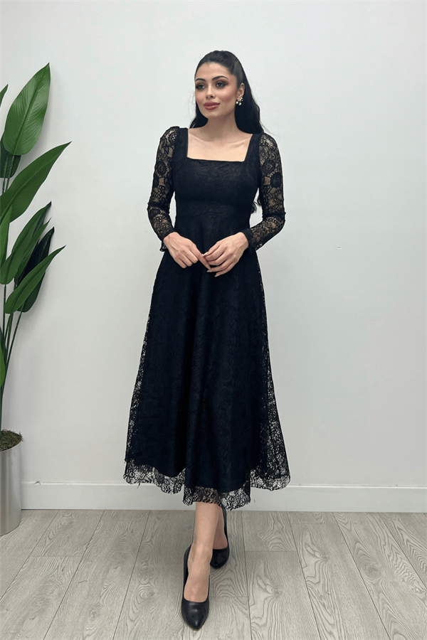 Full Lace Fabric Square Neck Midi Evening Dress - BLACK