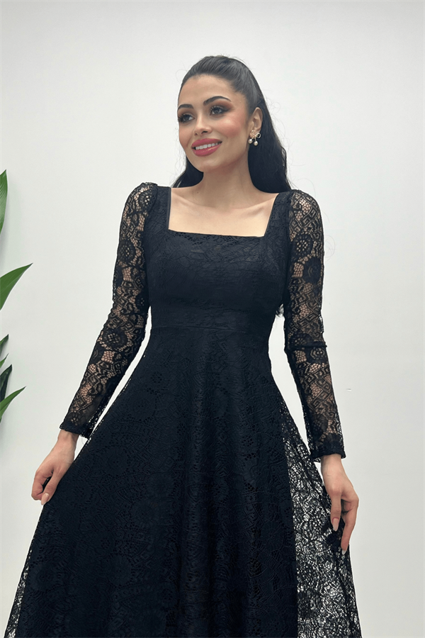 Full Lace Fabric Square Neck Midi Evening Dress - BLACK