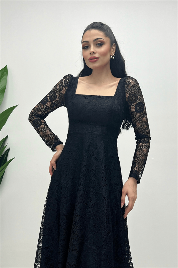 Full Lace Fabric Square Neck Midi Evening Dress - BLACK