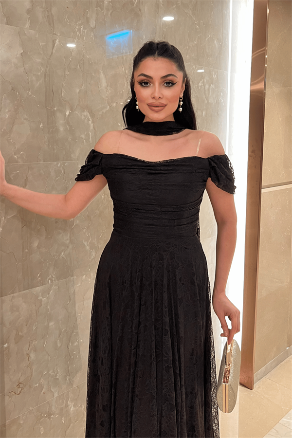 Full Dantel Kumaş Şal Detaylı Midi Elbise - KAHVERENGİ