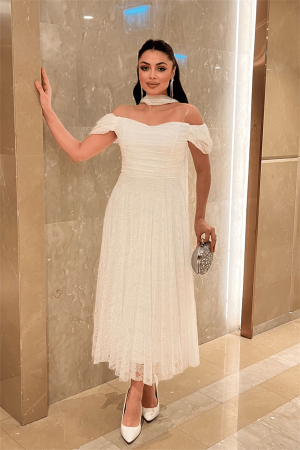 Full Dantel Kumaş Şal Detaylı Midi Elbise - BEYAZ