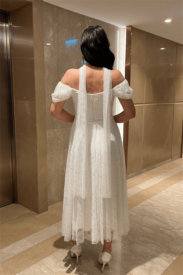 Full Dantel Kumaş Şal Detaylı Midi Elbise - BEYAZ