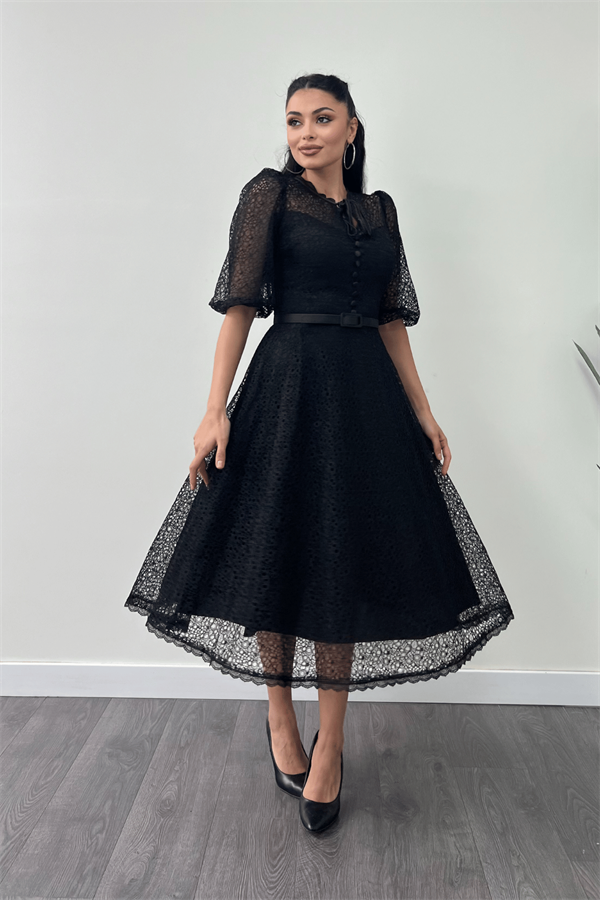 Full Güpür Düğme Detaylı Midi Elbise-SİYAH