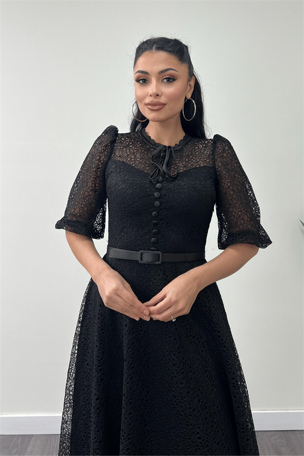 Full Güpür Düğme Detaylı Midi Elbise-SİYAH