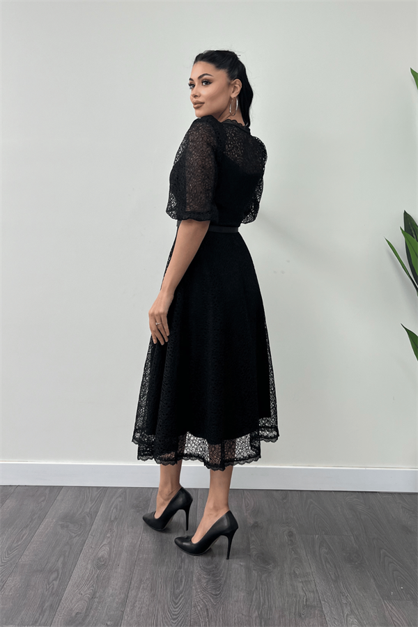 Full Güpür Düğme Detaylı Midi Elbise-SİYAH