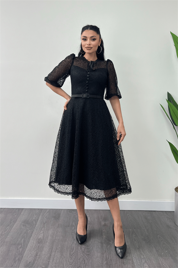 Full Güpür Düğme Detaylı Midi Elbise-SİYAH