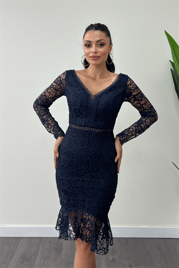 Full Guipure Bulge Detailed Dress - Navy Blue