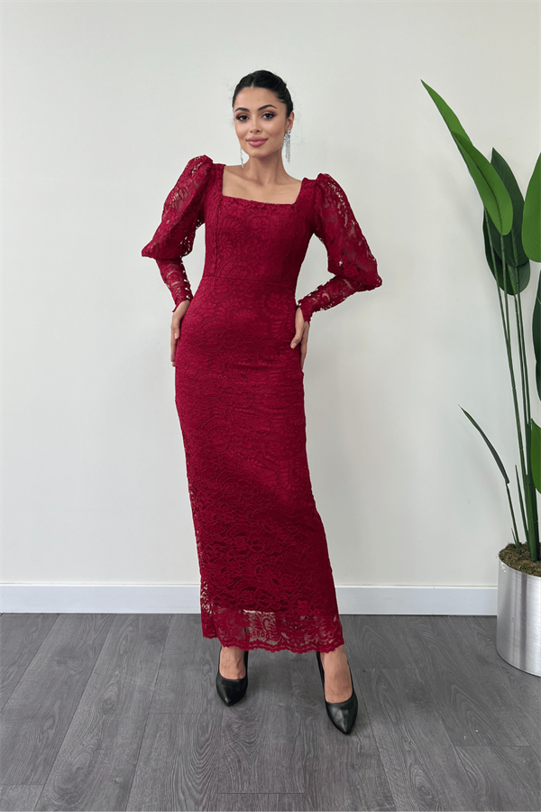 Güpür Dantel Kumaş Balon Kol Kalem Elbise - BORDO