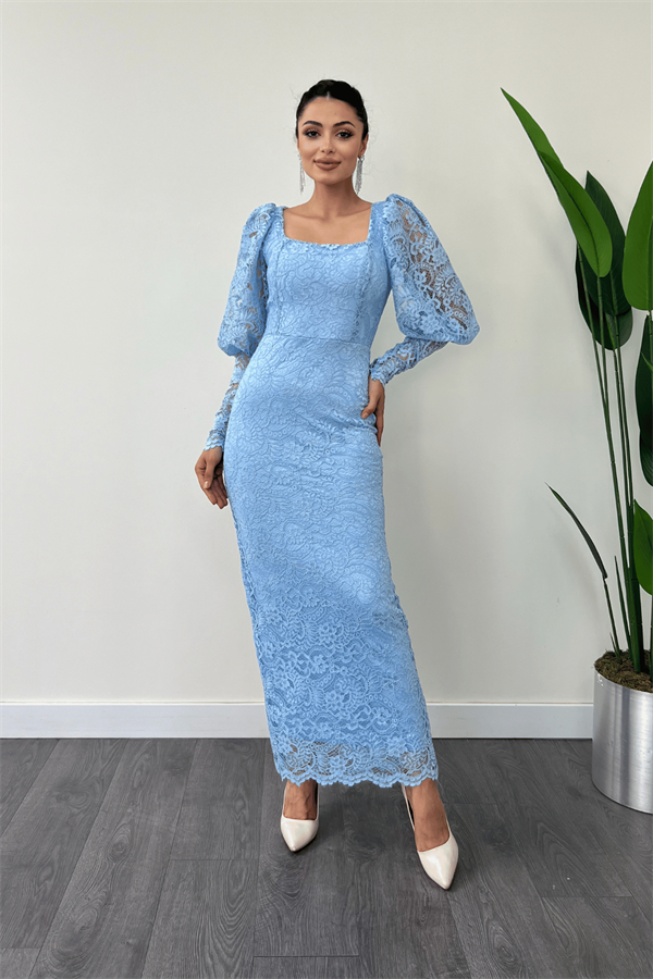 Güpür Dantel Kumaş Balon Kol Kalem Elbise - BUZ MAVİ