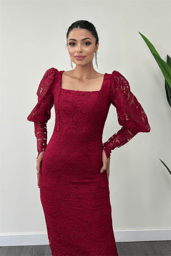 Güpür Dantel Kumaş Balon Kol Kalem Elbise - BORDO