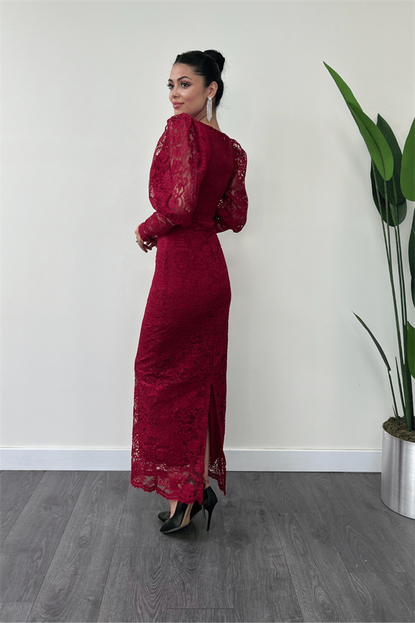 Güpür Dantel Kumaş Balon Kol Kalem Elbise - BORDO