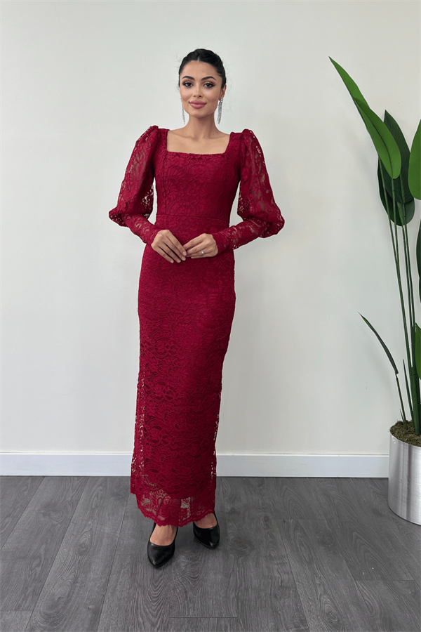Güpür Dantel Kumaş Balon Kol Kalem Elbise - BORDO