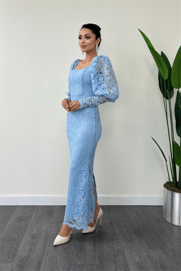 Güpür Dantel Kumaş Balon Kol Kalem Elbise - BUZ MAVİ
