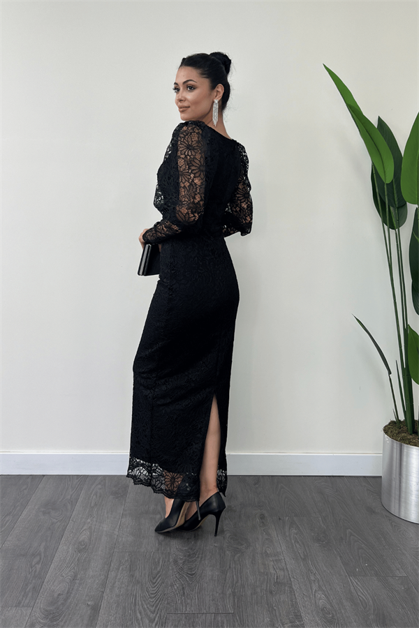 Güpür Dantel Kumaş Balon Kol Kalem Elbise - SİYAH