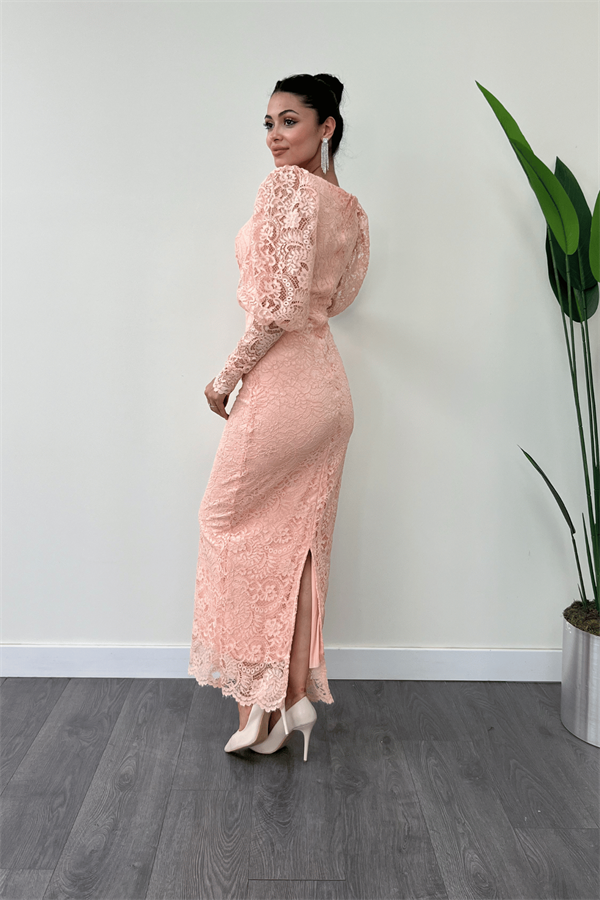 Güpür Dantel Kumaş Balon Kol Kalem Elbise - PUDRA