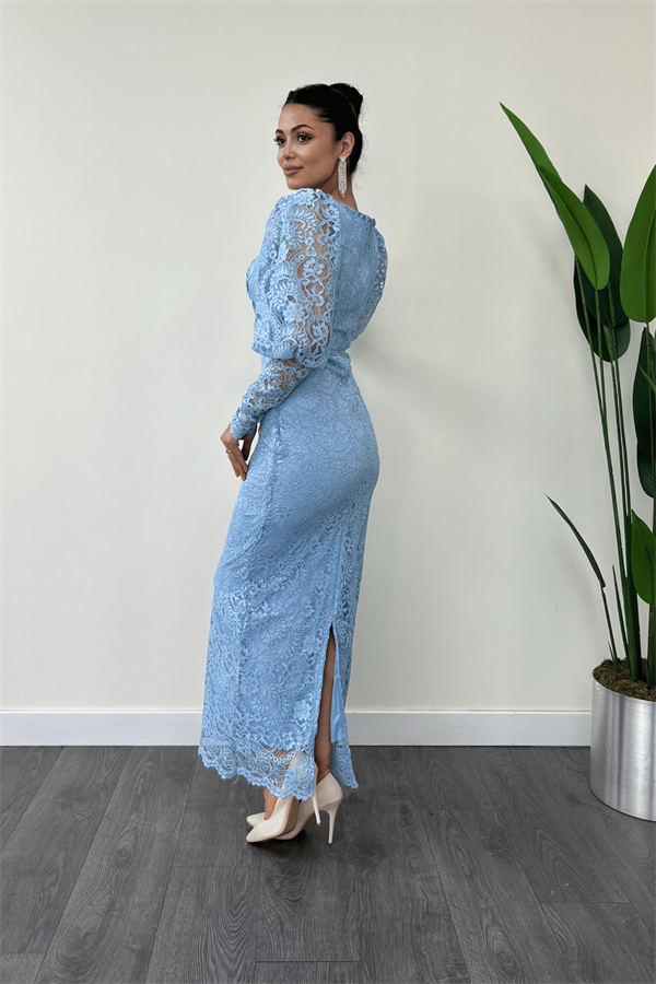 Güpür Dantel Kumaş Balon Kol Kalem Elbise - BUZ MAVİ